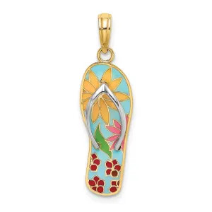 14K and Rhodium Multi-Colored 3D Enamel Fuschia Flowers On Flip-Flop Charm