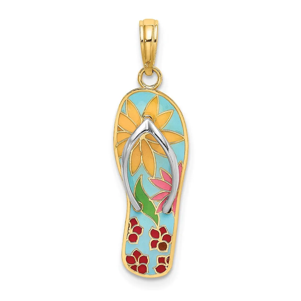 14K and Rhodium Multi-Colored 3D Enamel Fuschia Flowers On Flip-Flop Charm