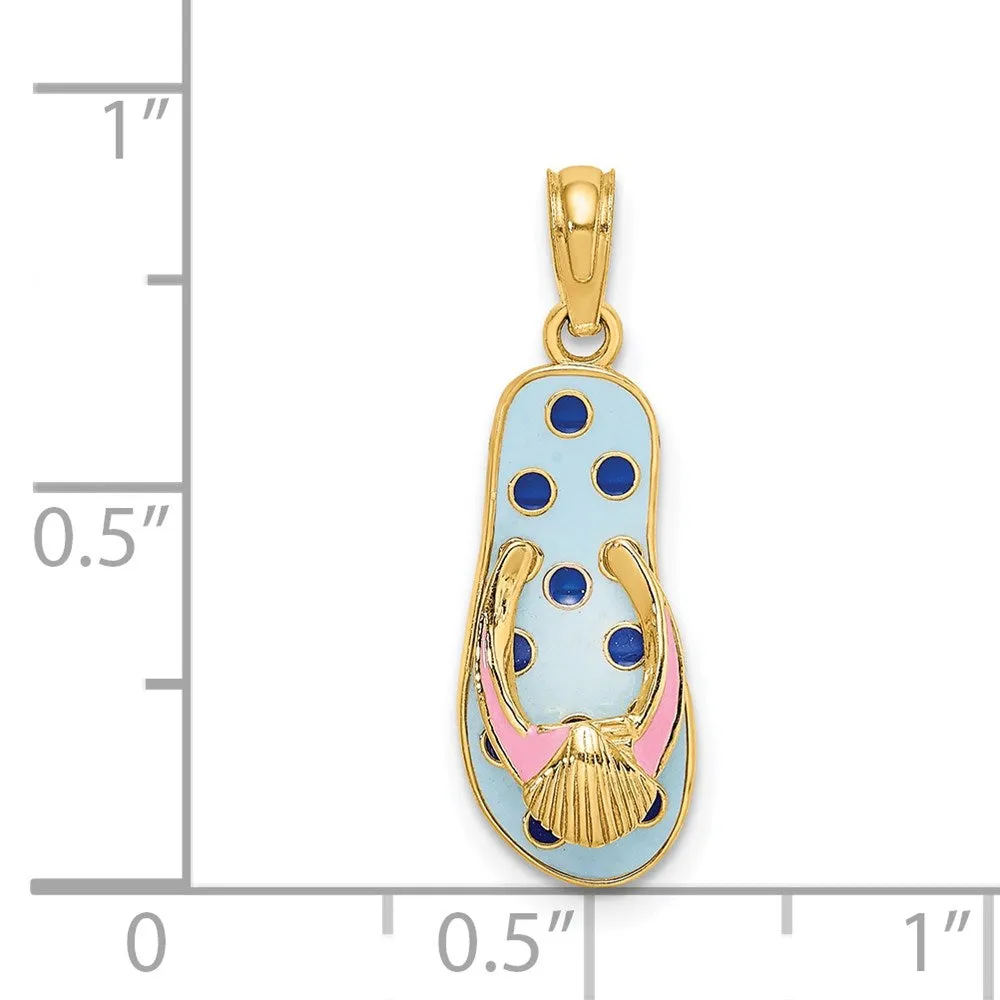 14k Yellow Gold 3D Enamel Shell On Blue Polka-Dot Flip-Flop Charm