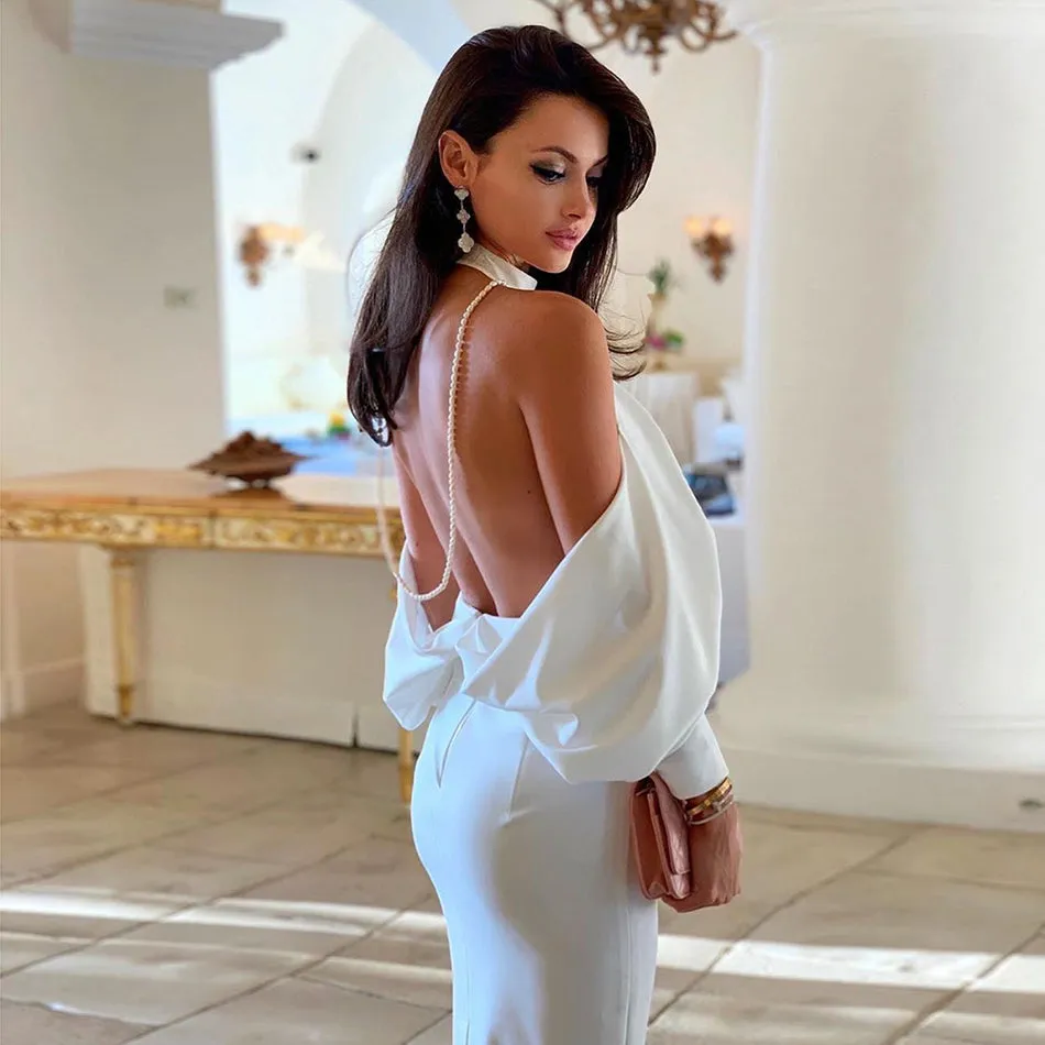 2020 Bodycon Backless Pearl Chain Skinny Split Dress