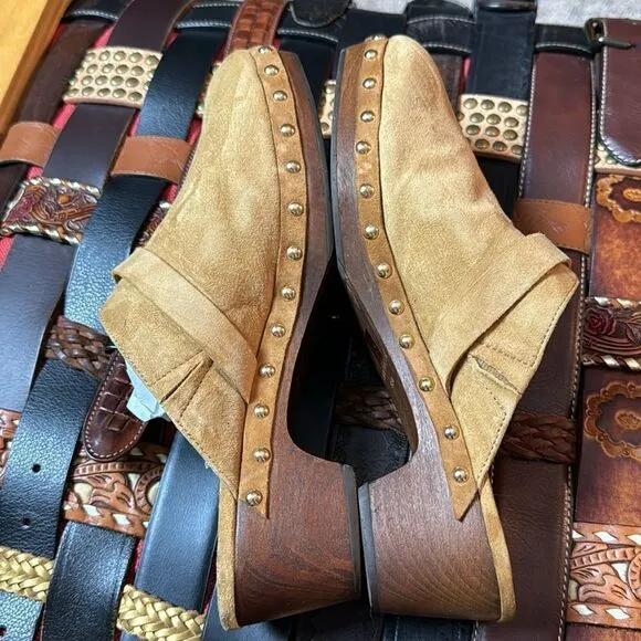 Ann Taylor Tan Suede nailhead slip on clogs size 8.5