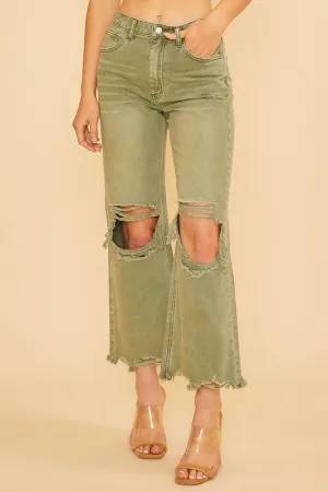 Annie Wear Distressed Raw Hem Jeans in Yellow-Green