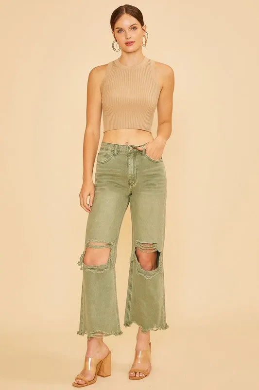 Annie Wear Distressed Raw Hem Jeans in Yellow-Green