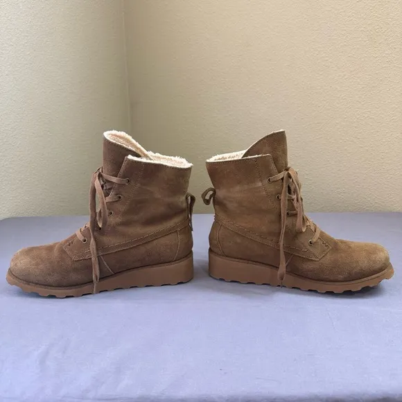 BearPaw boots women 10 wool blend lining lace up ankle wedge suede brown