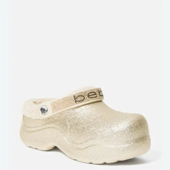 Bebe Bling Gold Glitter Fur Lined Platform Clogs