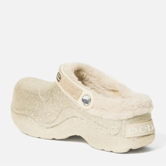 Bebe Bling Gold Glitter Fur Lined Platform Clogs