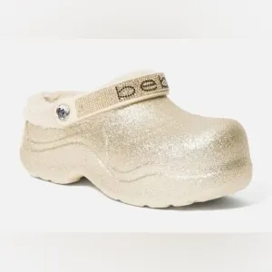 Bebe Bling Gold Glitter Fur Lined Platform Clogs