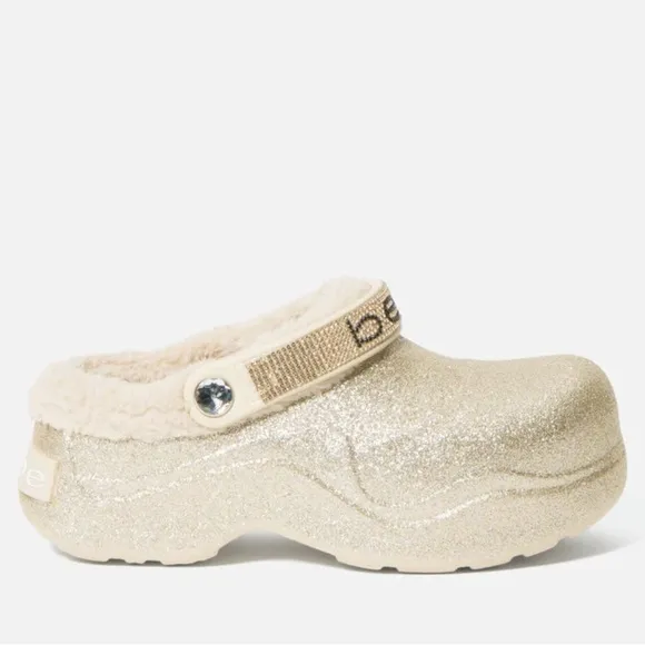 Bebe Bling Gold Glitter Fur Lined Platform Clogs
