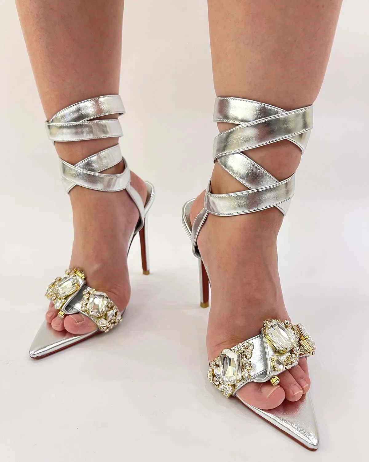 Big Rhinestones Silver Metallic Leather Lace Up Sandals