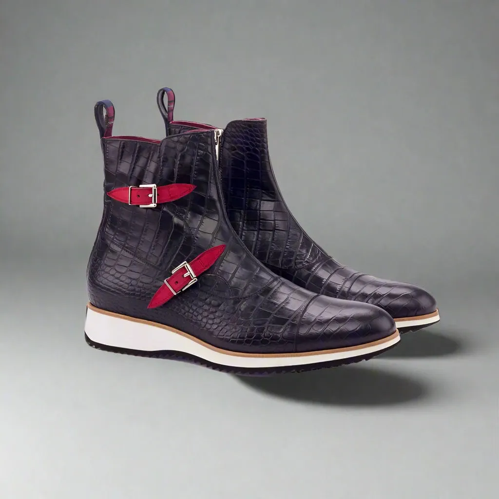 Black Crocodile Print Italian Leather Campinas Slip On Zipper Boots With Sneakers Sole - Alligator Print - Boots