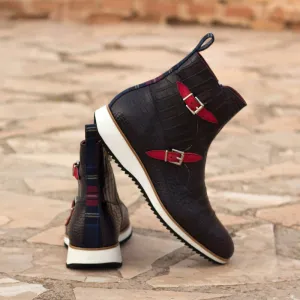 Black Crocodile Print Italian Leather Campinas Slip On Zipper Boots With Sneakers Sole - Alligator Print - Boots