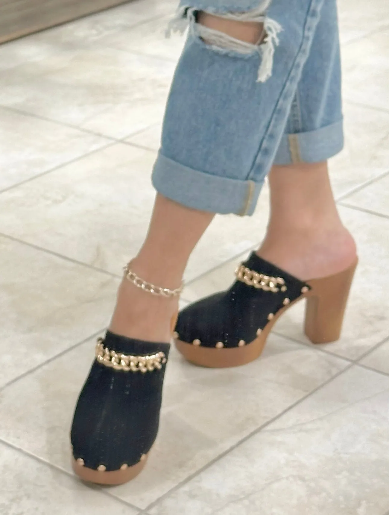 Black Gold Chain Clogs