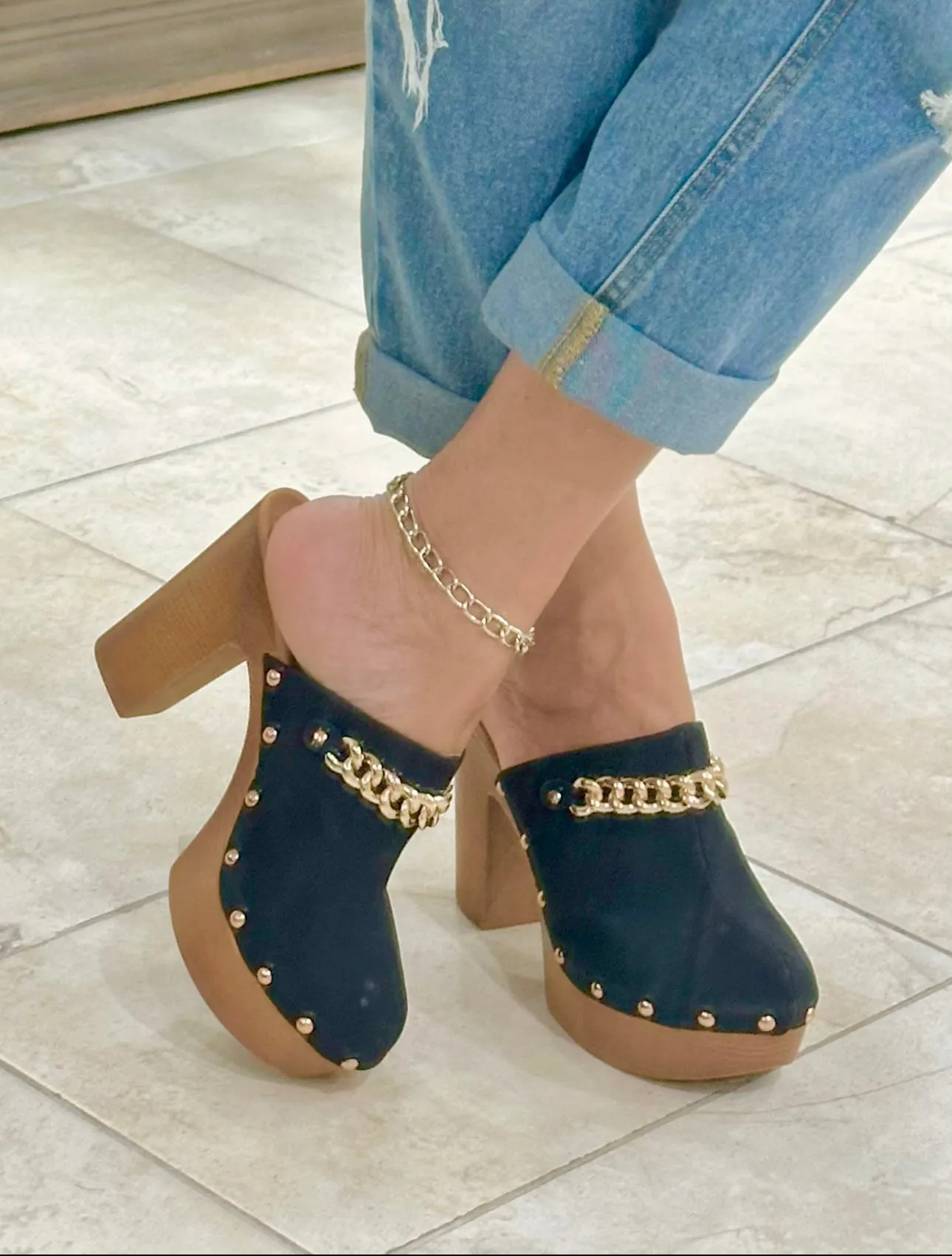 Black Gold Chain Clogs