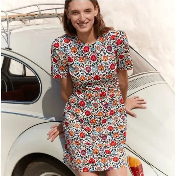 BODEN Cotton Mini Shift Dress Enchanting Bloom Floral Red Orange Sz 10 P {3R24}