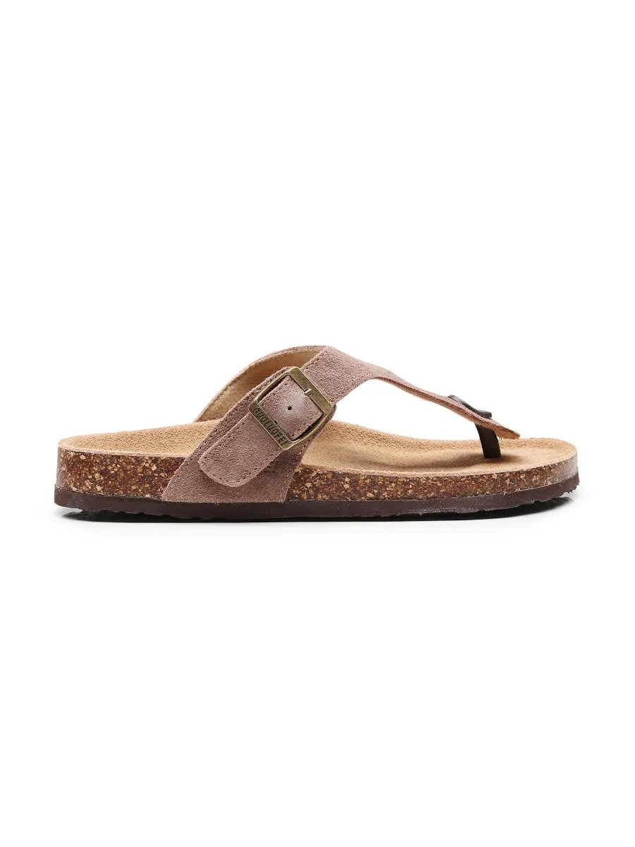 Camel Suede T-Strap Leather Sandals