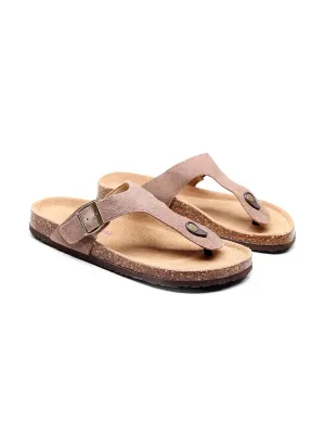 Camel Suede T-Strap Leather Sandals