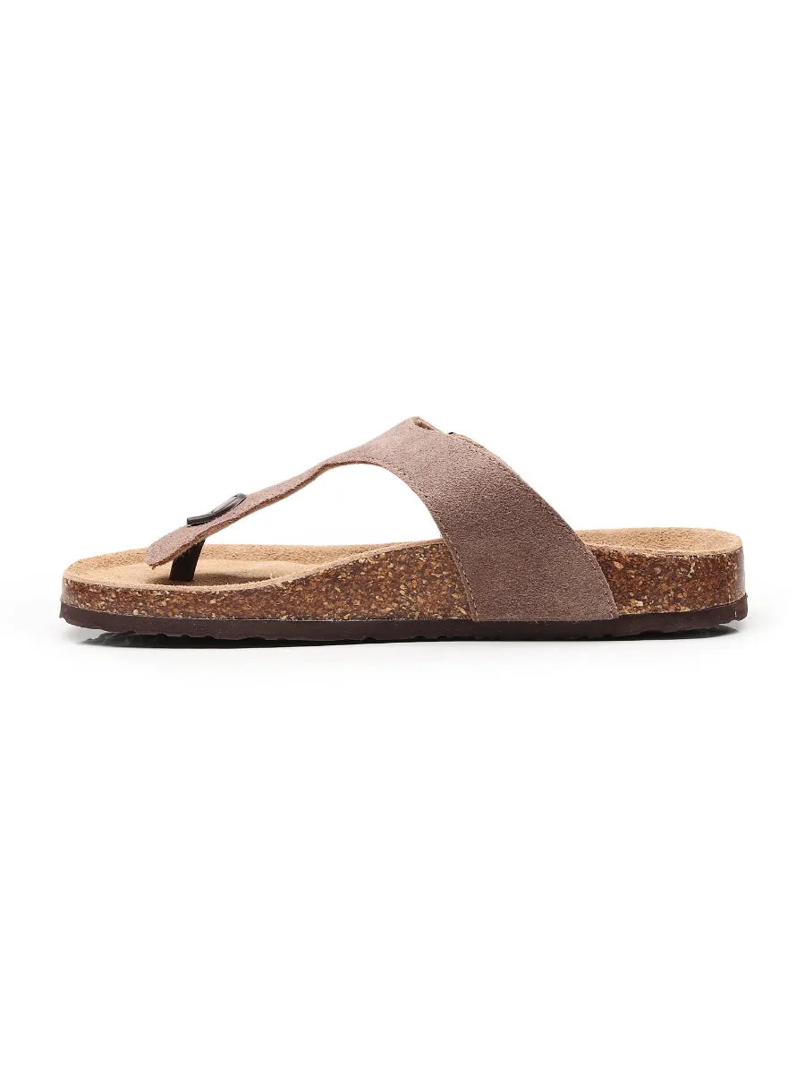 Camel Suede T-Strap Leather Sandals