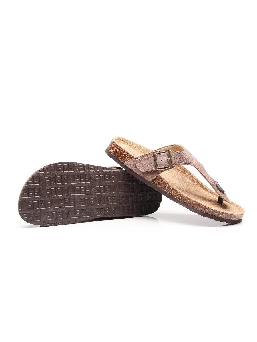 Camel Suede T-Strap Leather Sandals