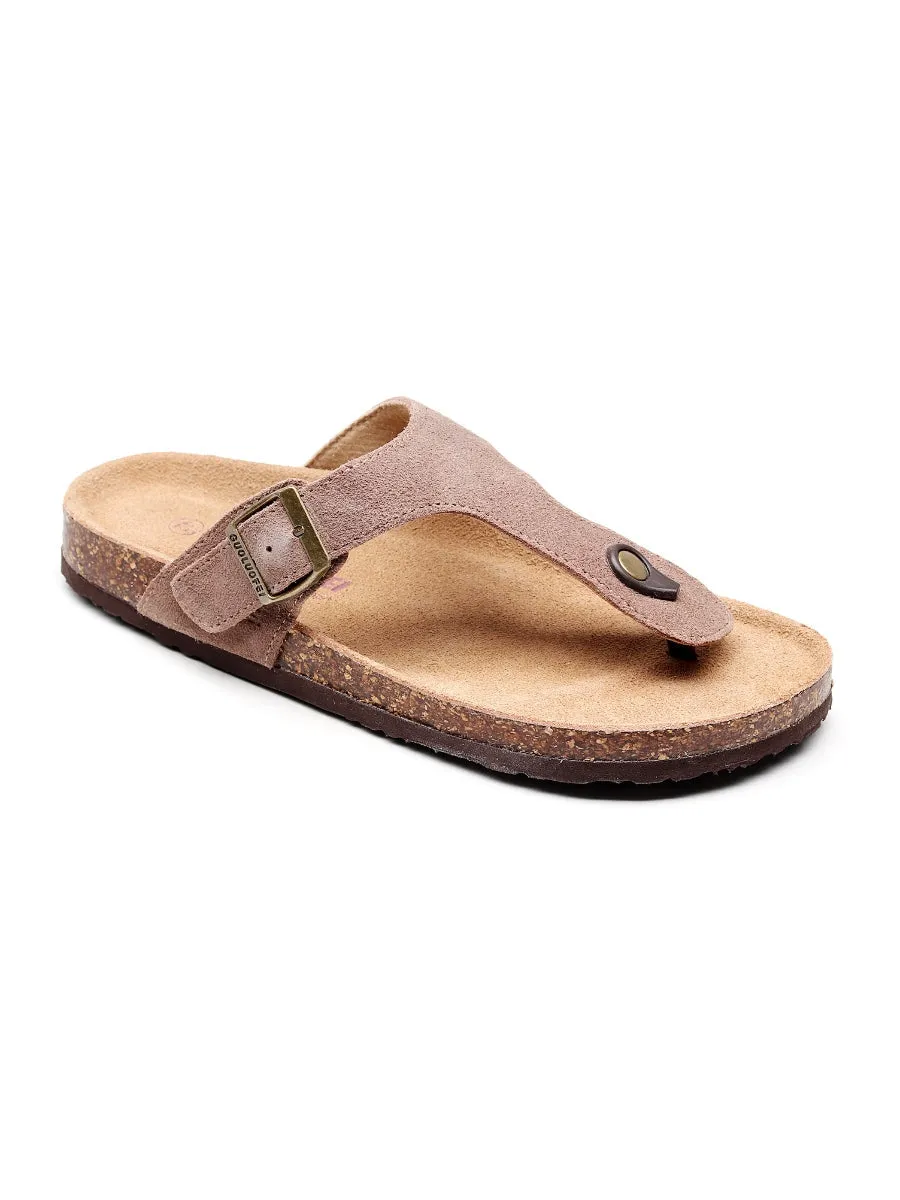 Camel Suede T-Strap Leather Sandals