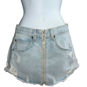 CARMAR Los Angeles Distressed Light Wash Jean Mini Skirt Full Zip Size 27.