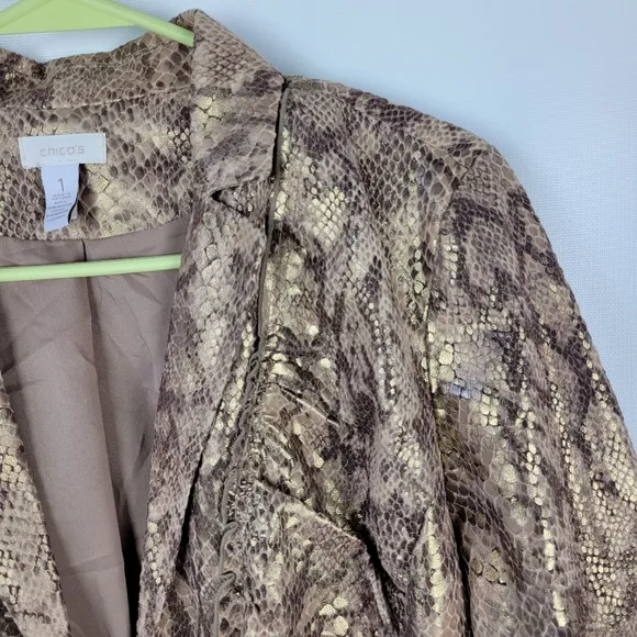 CHICOS Gold Layla Blazer Snake Skin Metalic Sz 1/M/8