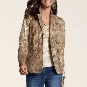 CHICOS Gold Layla Blazer Snake Skin Metalic Sz 1/M/8
