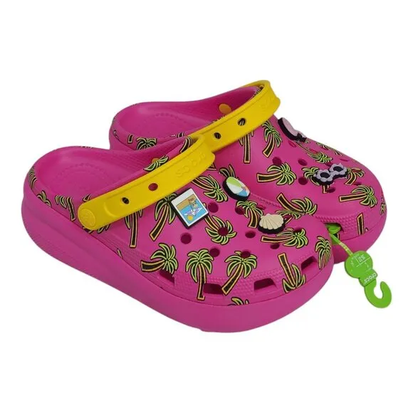 Crocs Classic Spring Jibbitz Clogs Kids Size J5 Pink Palm Trees 1.5&quot; Platform