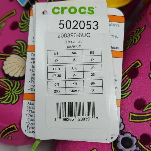 Crocs Classic Spring Jibbitz Clogs Kids Size J5 Pink Palm Trees 1.5&quot; Platform