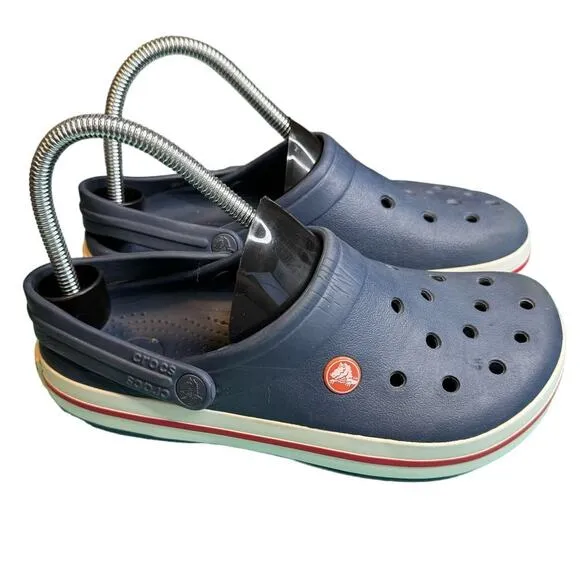 Crocs Crocband Navy Blue White &amp; Red Line Slide On Clogs Men Size 6 Women Size 8
