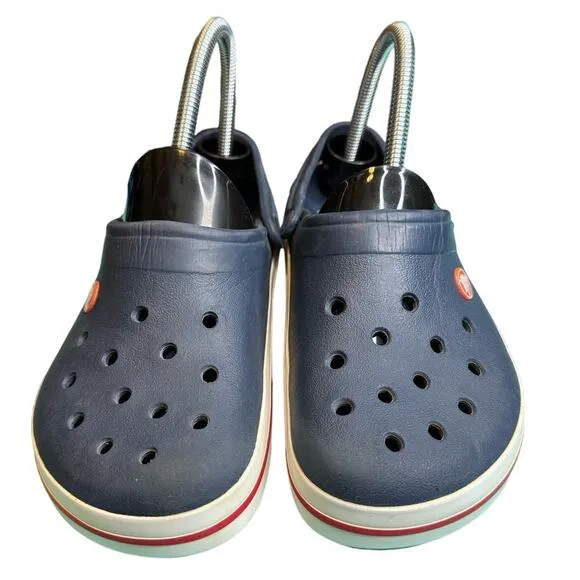 Crocs Crocband Navy Blue White &amp; Red Line Slide On Clogs Men Size 6 Women Size 8
