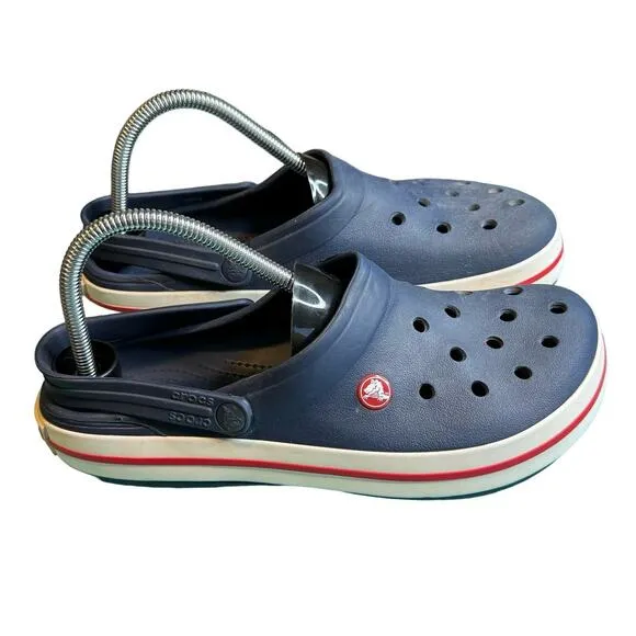 Crocs Crocband Navy Blue White &amp; Red Line Slide On Clogs Men Sz 10 Women Sz 12