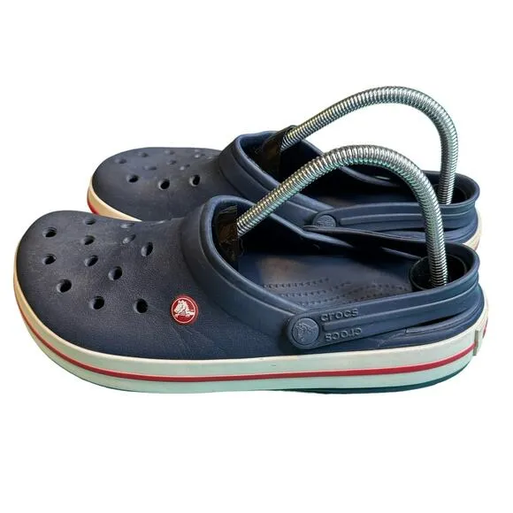 Crocs Crocband Navy Blue White &amp; Red Line Slide On Clogs Men Sz 10 Women Sz 12