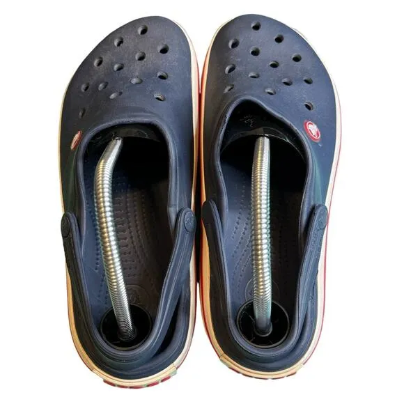 Crocs Crocband Navy Blue White &amp; Red Line Slide On Clogs Men Sz 10 Women Sz 12
