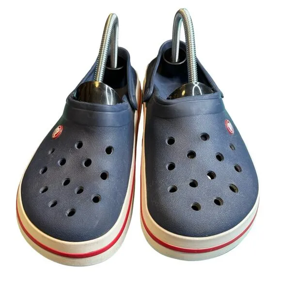 Crocs Crocband Navy Blue White &amp; Red Line Slide On Clogs Men Sz 10 Women Sz 12