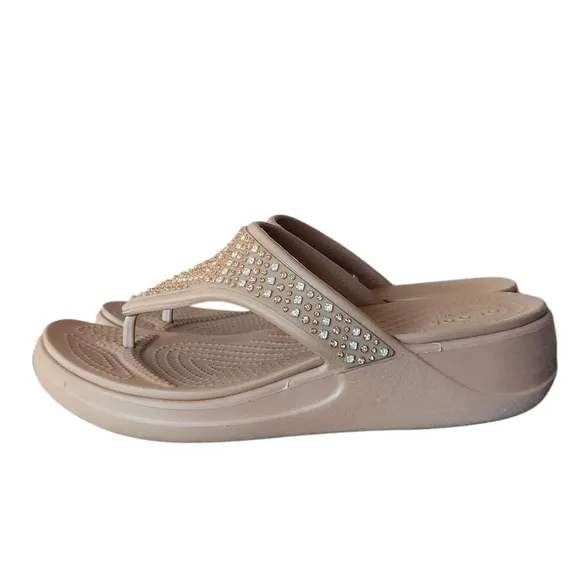 Crocs Women's Size 8 Bronze Monterey Embellished Wedge Flip Flops Sandals