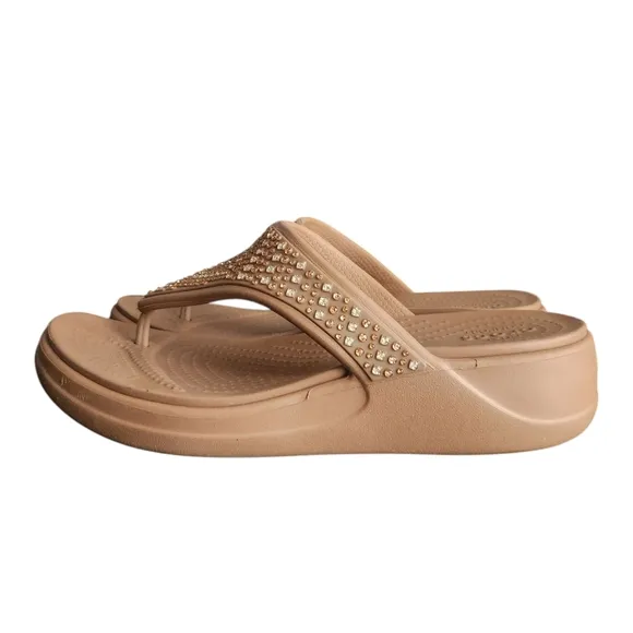Crocs Women's Size 8 Bronze Monterey Embellished Wedge Flip Flops Sandals