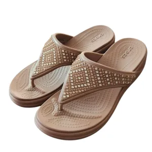 Crocs Women's Size 8 Bronze Monterey Embellished Wedge Flip Flops Sandals