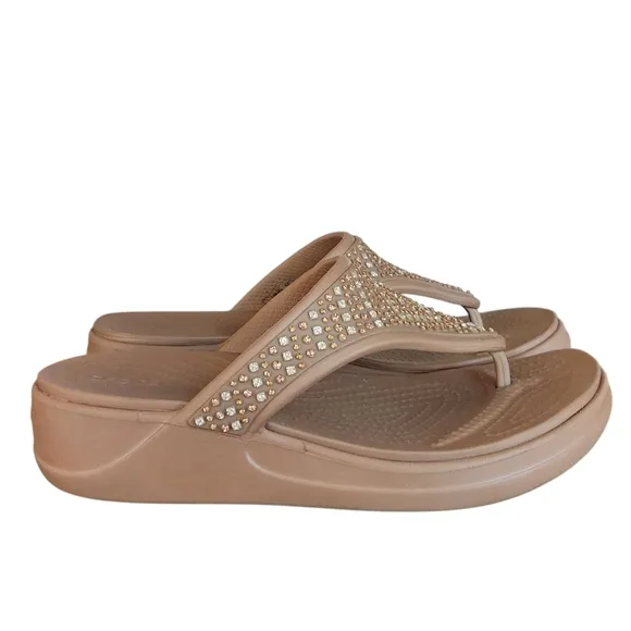 Crocs Women's Size 8 Bronze Monterey Embellished Wedge Flip Flops Sandals