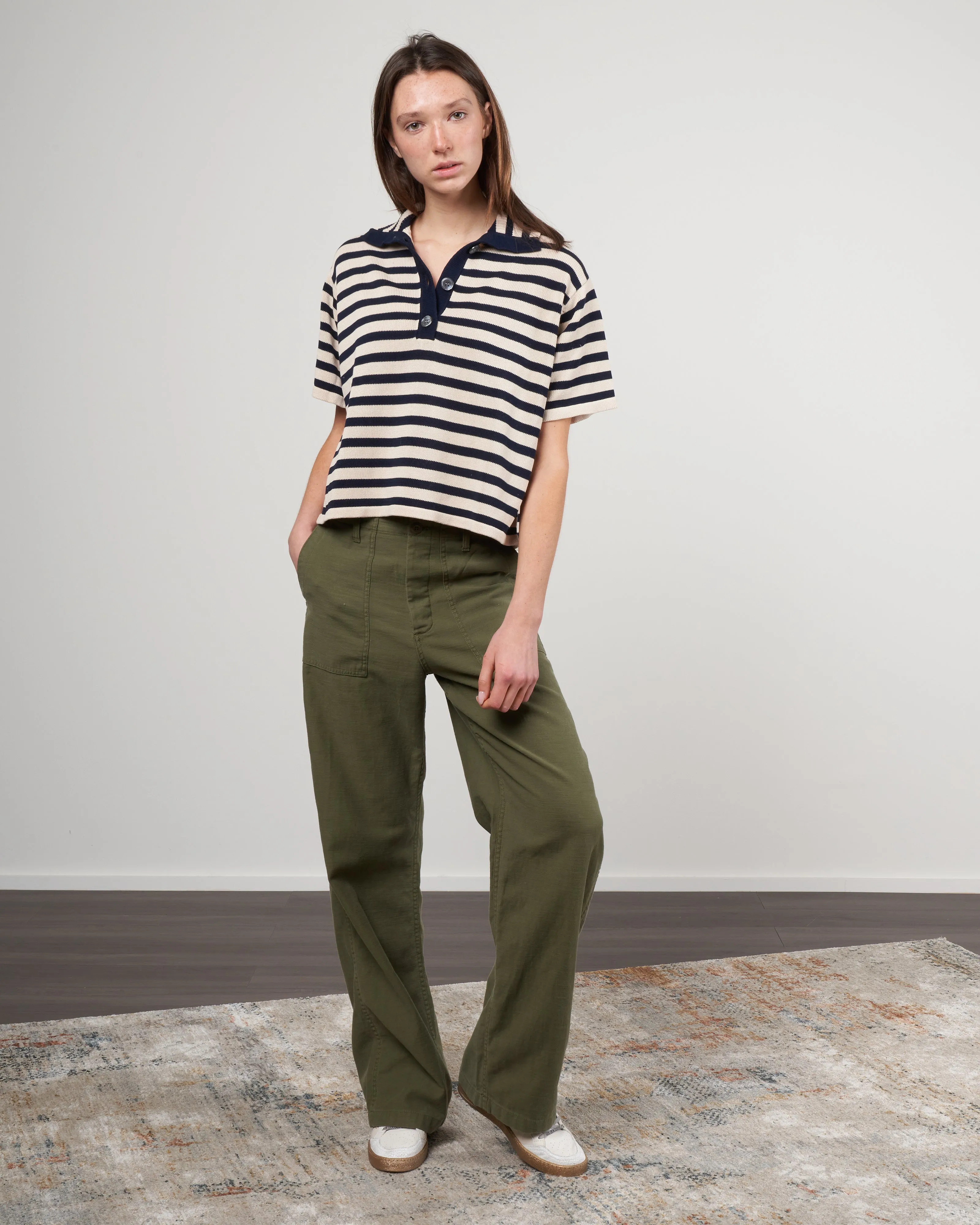 darcy stripe polo top - buttermilk/navy