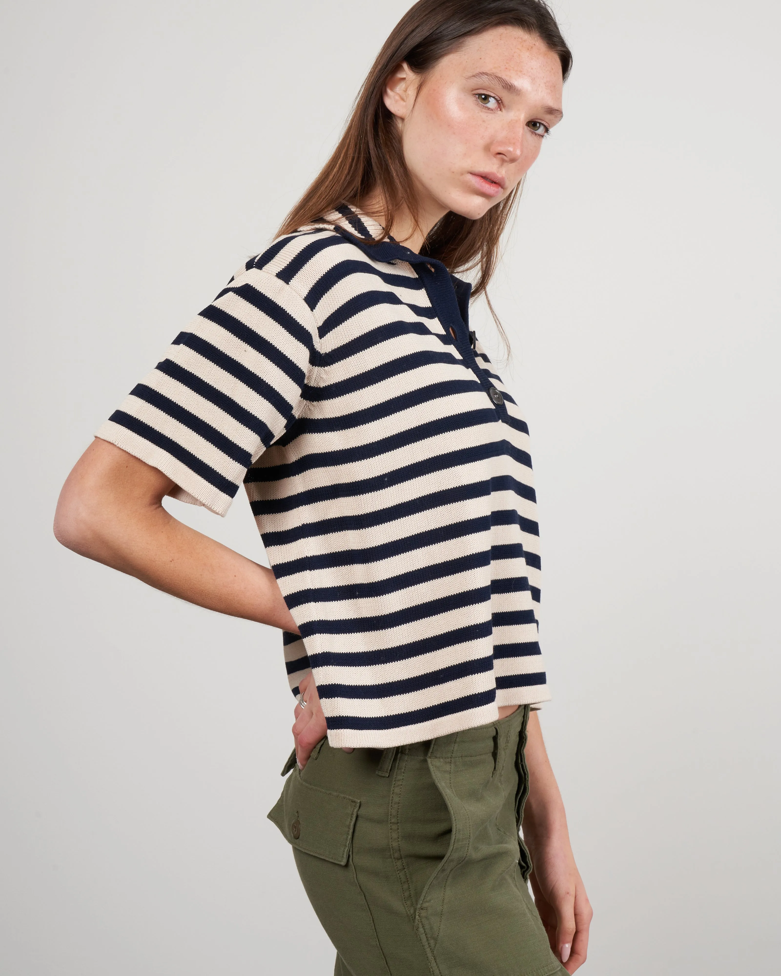 darcy stripe polo top - buttermilk/navy