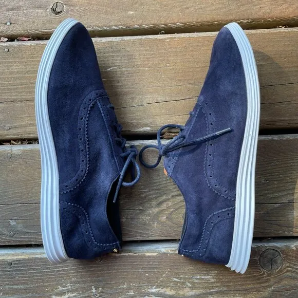 EUC Cole Haan Grand.0's Brogued Navy Blue Suede Lace up Sneakers in Women's 10