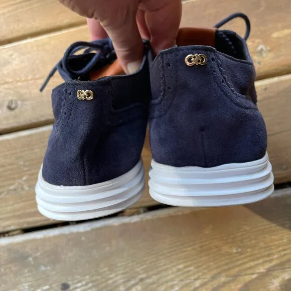 EUC Cole Haan Grand.0's Brogued Navy Blue Suede Lace up Sneakers in Women's 10