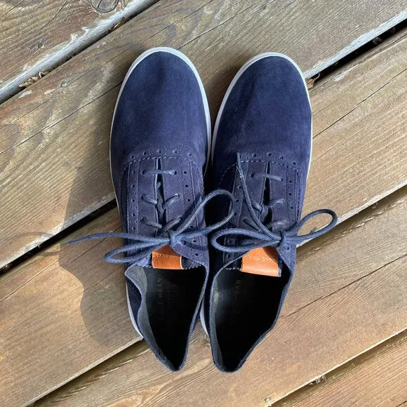EUC Cole Haan Grand.0's Brogued Navy Blue Suede Lace up Sneakers in Women's 10