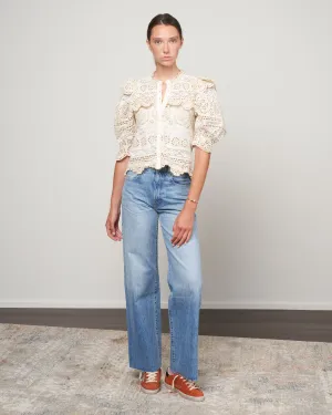 evie eyelet puff slv button-down top - cream