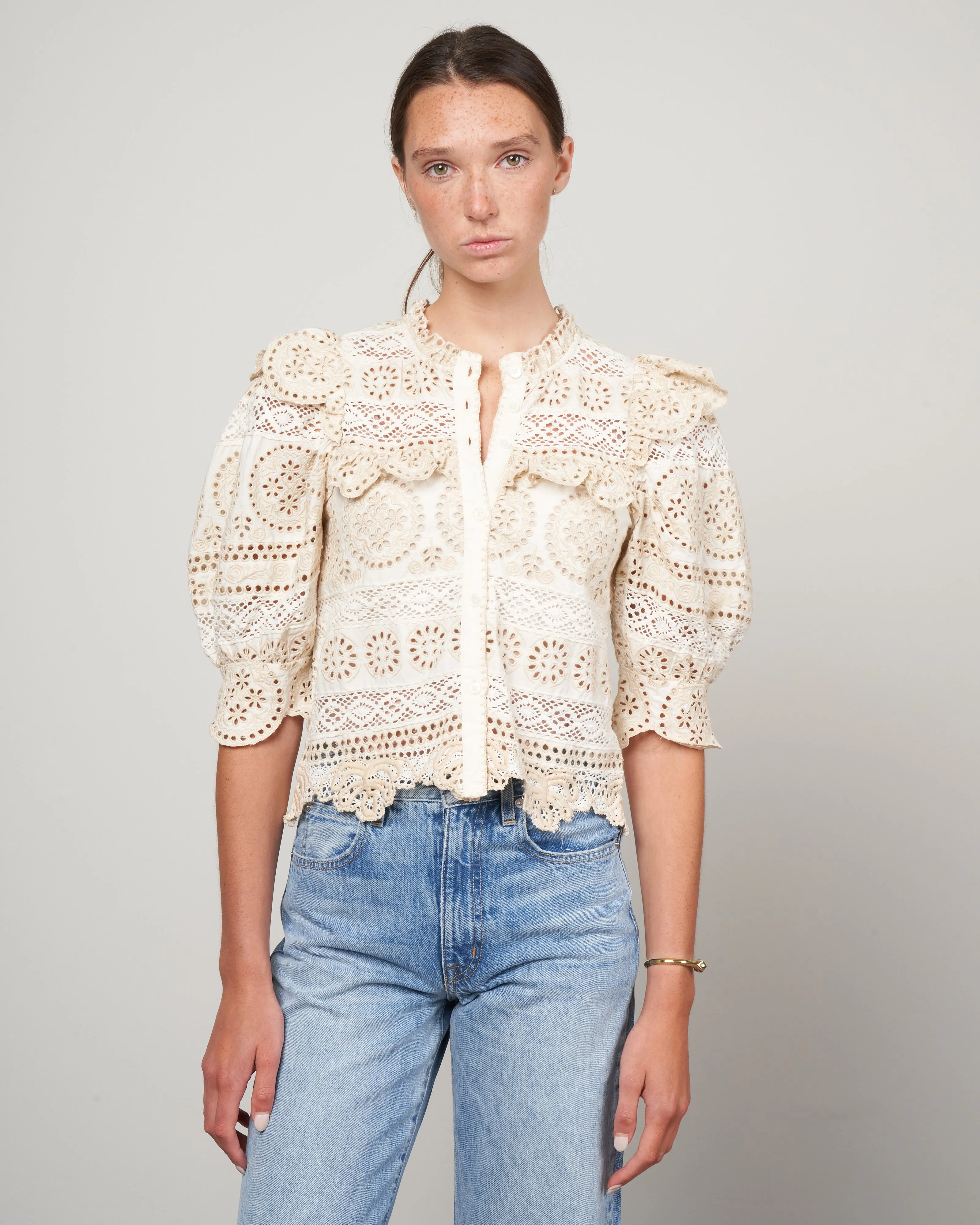evie eyelet puff slv button-down top - cream
