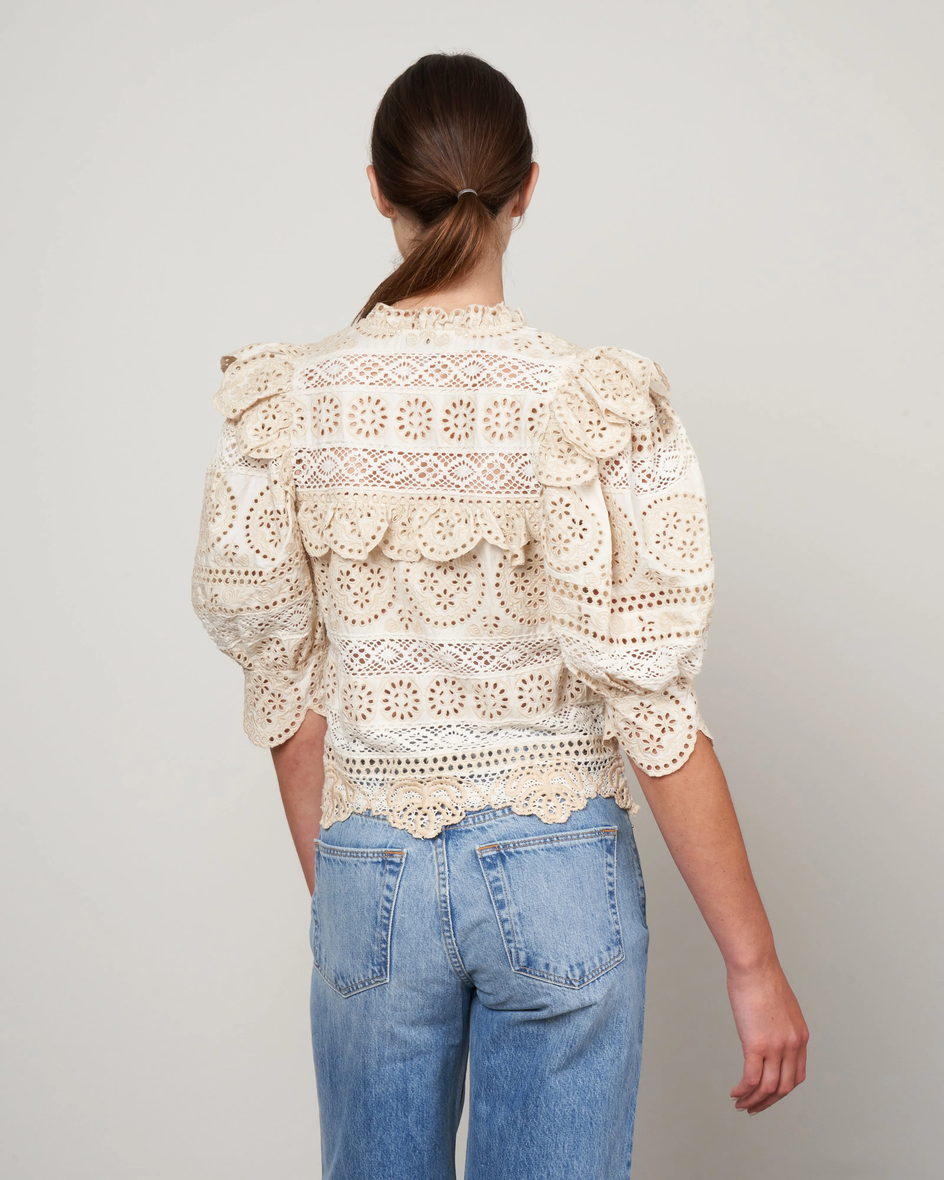 evie eyelet puff slv button-down top - cream