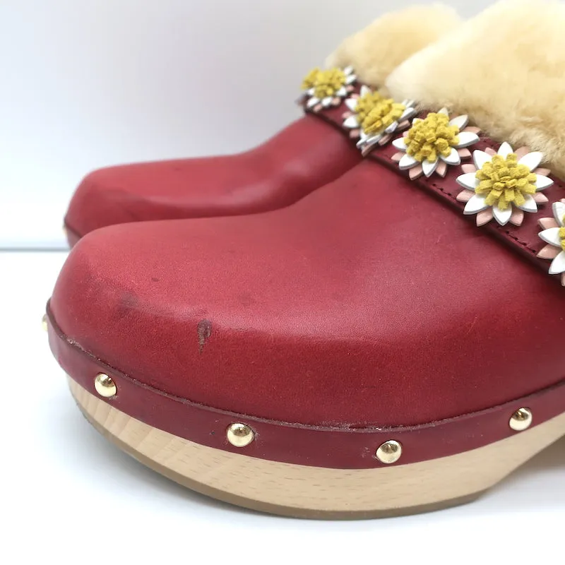 Fabrizio Viti Jean Daisy Shearling Clogs Red Leather Size 39