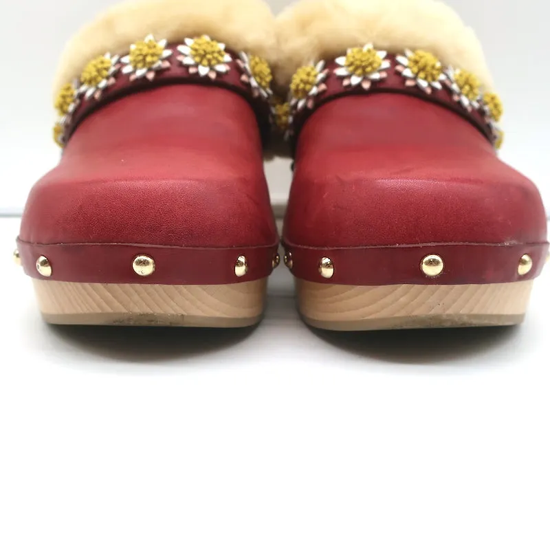 Fabrizio Viti Jean Daisy Shearling Clogs Red Leather Size 39