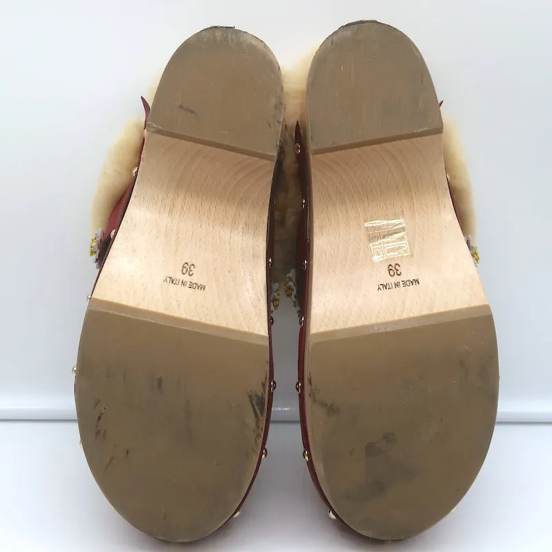 Fabrizio Viti Jean Daisy Shearling Clogs Red Leather Size 39