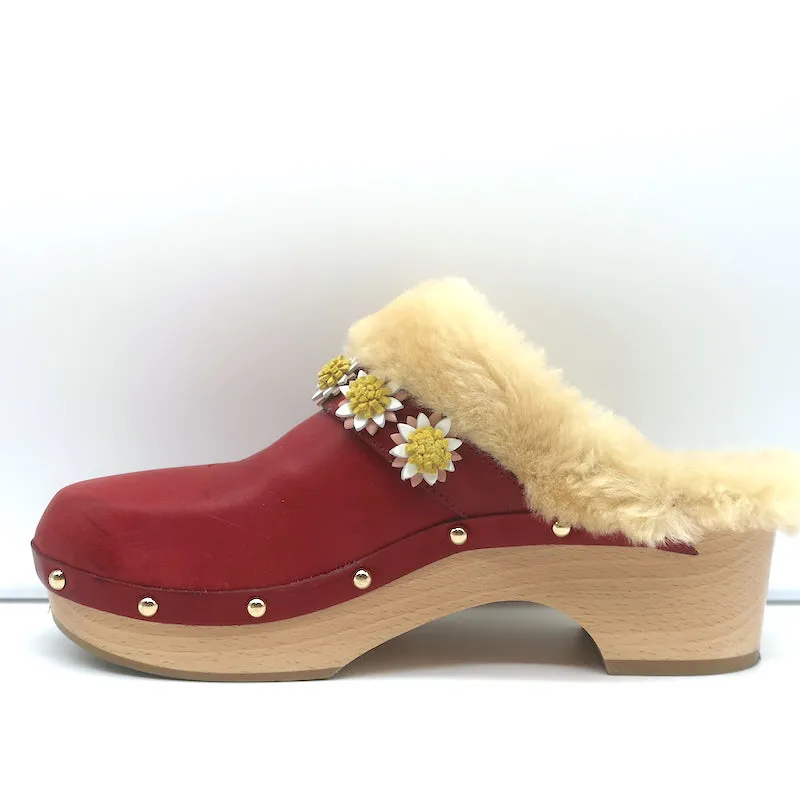 Fabrizio Viti Jean Daisy Shearling Clogs Red Leather Size 39